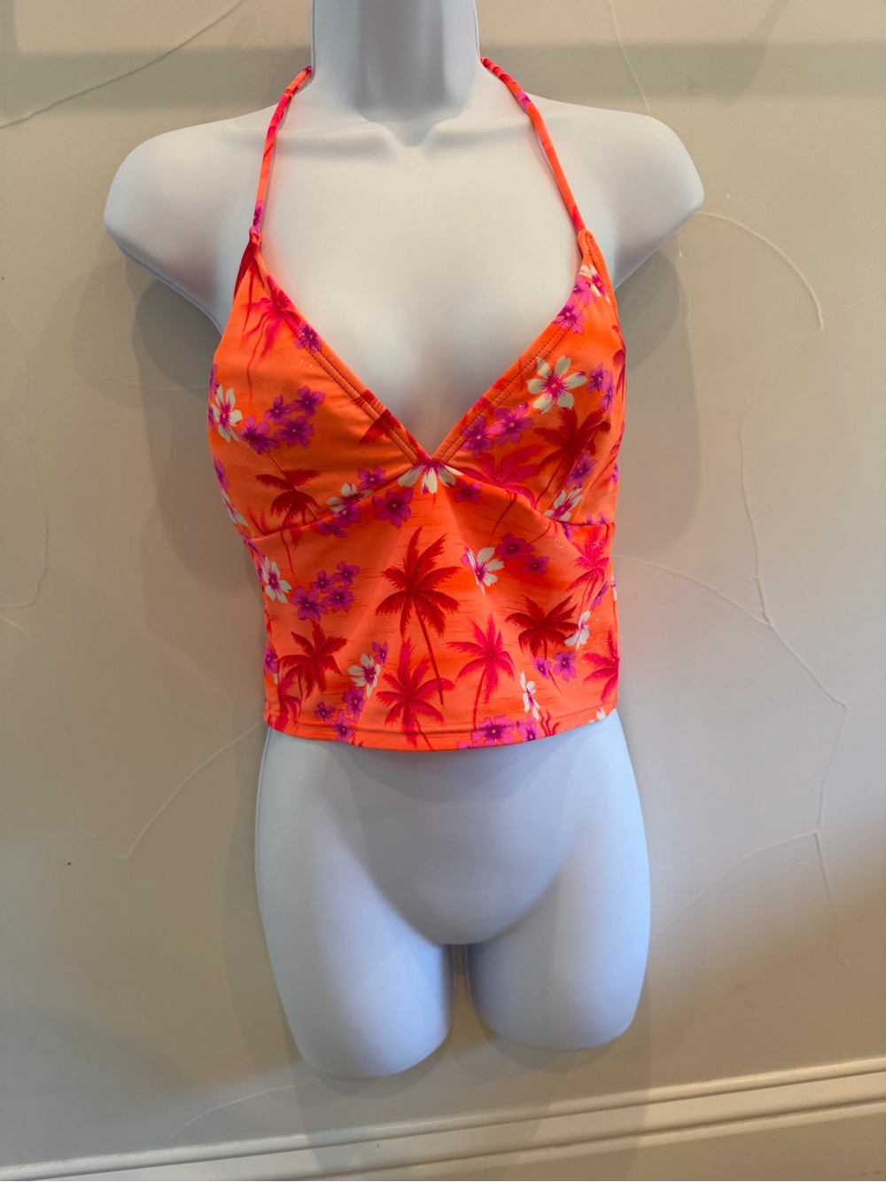 Gossip Neon Coral and Hot Pink Tropical shimmer Halter Top - juniors large